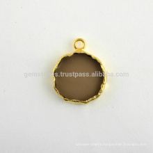 Wholesale Fine Quality Smoky Quartz Slice Gemstone Bezel Charm, Micron Gold Plated Sterling Silver Bezel Connector and Charm